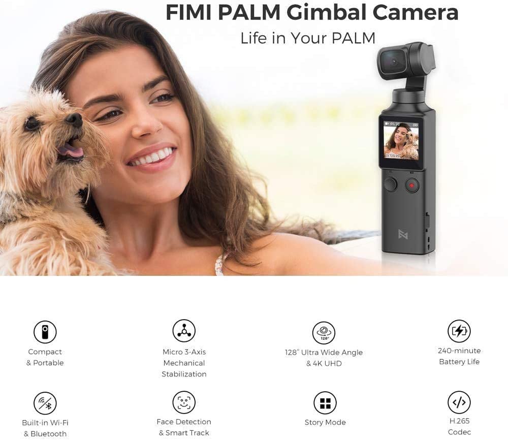 FIMI PALM 3軸ジンバルカメラ 4Kビデオカメラ 収納ケースとリストストラップ同梱 128°超広角視野 自撮り 手ぶれ補正  Wi-Fi&Bluetooth対応 ズーム機能 露出補正 顔検出&トラックアプリ 8倍のスローモーション 外部マイク接続可 Real Pocket