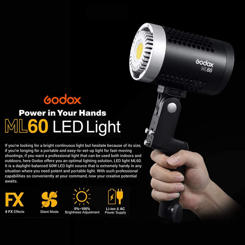 Godox ML60 手持ち式LEDビデオライト 60W 5600K Godox S2ブラケットセット