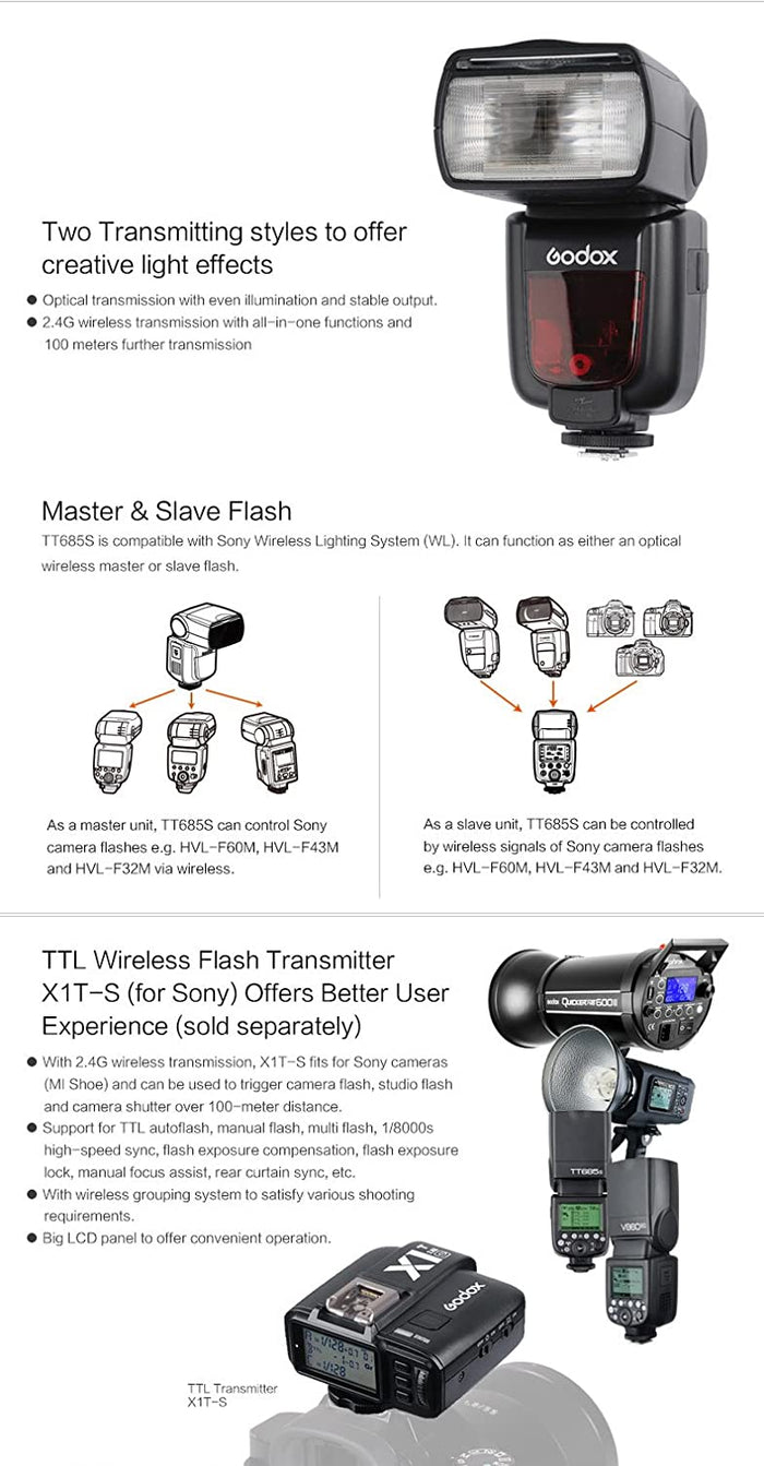 技適マーク付き】Godox TT685S HSS 1/8000S GN60 TTL スピードライト ストロボ フラッシュ  0.1-2.sリサイクルタイム 230フルパワー点滅 22ステップ電力出力（1/1~1-128） TTL/M/マルチ/S1/S2モード  20-200mm自動/手動ズーム Sony DSLR A77II A7RII A7R A58 A99 ILCE6000L ...