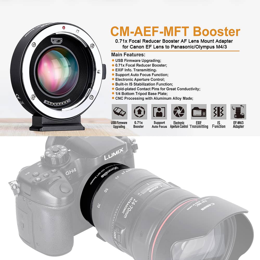 Commlite AEF-MFT レンズマウントアダプター 0.71倍焦点レデューサ Canon EOS EFレンズ-M4 / 3マイクロ電